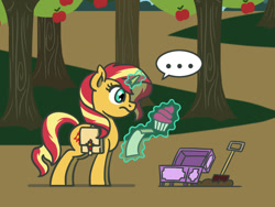 Size: 1800x1350 | Tagged: safe, artist:flutterluv, part of a set, sunset shimmer, pony, unicorn, g4, ..., atg 2022, bag, cupcake, food, newbie artist training grounds, part of a series, saddle bag, shovel, solo, treasure chest