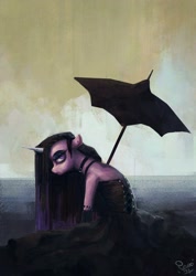 Size: 1832x2572 | Tagged: safe, artist:nemo2d, izzy moonbow, pony, unicorn, g5, choker, clothes, dress, ear piercing, eyeshadow, frown, goth, goth izzy, makeup, piercing, solo, umbrella
