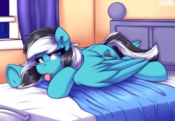 Size: 2150x1500 | Tagged: safe, artist:shadowreindeer, oc, oc only, oc:euro, pegasus, pony, :p, bed, bedsheets, commission, ear fluff, female, looking at you, lying down, mare, partially open wings, pegasus oc, prone, solo, tired, tongue out, underhoof, wings