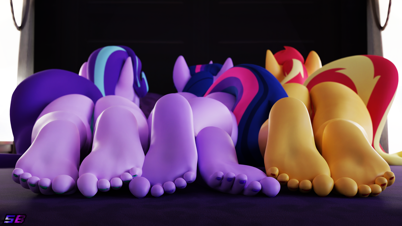 2901463 - suggestive, alternate version, artist:shadowboltsfm, starlight  glimmer, sunset shimmer, twilight sparkle, anthro, plantigrade anthro, g4,  3d, 4k, ass, barefoot, bed, blender, bunset shimmer, butt, feet, female,  fetish, foot fetish, foot focus,