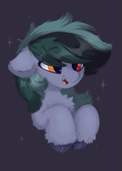 Size: 429x601 | Tagged: safe, artist:flixanoa, oc, oc only, oc:scrimmy, bat pony, pony, bat pony oc, chest fluff, cute, ear fluff, fangs, fluffy, front view, gift art, gray background, half body, heterochromia, male, open mouth, pony oc, simple background, smiling, solo, sparkles, upper body