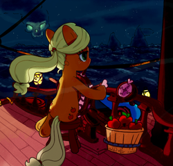Size: 1734x1657 | Tagged: safe, artist:fipoki, applejack, earth pony, pony, g4, alternate hairstyle, apple, bucket, crossover, female, food, mare, ocean, sea of thieves, ship, sitting, solo, steering wheel, water, windswept mane