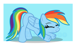 Size: 5811x3353 | Tagged: safe, artist:milkyboo898, rainbow dash, pegasus, pony, g4, abstract background, absurd resolution, ass up, eyes closed, female, folded wings, full body, hooves, mare, shadow, smiling, solo, stretching, tail, watermark, wings