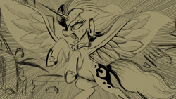 Size: 1600x900 | Tagged: safe, artist:darksly, nightmare moon, alicorn, pony, g4, angry, atg 2022, female, mare, monochrome, newbie artist training grounds, open mouth, rage, sketch, solo, spread wings, wings