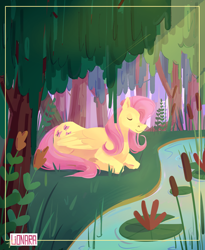Size: 3278x4000 | Tagged: safe, artist:lionaraarts, fluttershy, pony, g4, lying down, prone, reeds, solo, tree