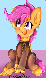 Size: 1776x2991 | Tagged: safe, artist:freefraq, scootaloo, goo, goo pony, original species, g4, blushing, cute, goo ponified, open mouth, open smile, sitting, smiling, solo, species swap