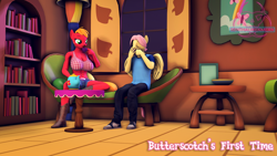 Size: 1920x1080 | Tagged: safe, artist:senthaurekmern, part of a set, big macintosh, fluttershy, earth pony, pegasus, anthro, plantigrade anthro, comic:butterscotch's first time, g4, 3d, big breasts, book, bookshelf, boots, breasts, busty macareina, butterscotch, cleavage, clothes, commission, commissioner:nerothewizard, couch, cowboy boots, cup, date, denim, denim shorts, eyes closed, female, fluttershy's cottage, fluttershy's cottage (interior), food, macareina, male, midriff, pants, pillow, rule 63, ship:butterreina, ship:fluttermac, shipping, shirt, shoes, shorts, sitting, source filmmaker, straight, t-shirt, tea, teacup, teapot, window