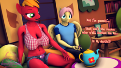 Size: 1920x1080 | Tagged: safe, artist:senthaurekmern, part of a set, big macintosh, fluttershy, earth pony, pegasus, anthro, comic:butterscotch's first time, g4, 3d, abs, belly, belly button, big breasts, book, bookshelf, breasts, busty macareina, butterscotch, cleavage, clothes, commission, commissioner:nerothewizard, couch, cup, date, denim, denim shorts, dialogue, female, fluttershy's cottage, fluttershy's cottage (interior), food, looking at someone, macareina, male, midriff, open mouth, open smile, pants, pillow, rule 63, ship:butterreina, ship:fluttermac, shipping, shirt, shorts, sitting, smiling, source filmmaker, straight, t-shirt, tea, teacup, teapot, thighs, window