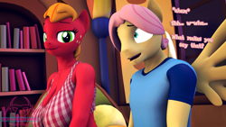 Size: 1920x1080 | Tagged: safe, artist:senthaurekmern, part of a set, big macintosh, fluttershy, earth pony, pegasus, anthro, comic:butterscotch's first time, g4, 3d, big breasts, book, bookshelf, breasts, busty macareina, butterscotch, cleavage, clothes, commission, commissioner:nerothewizard, couch, dialogue, eye contact, female, fluttershy's cottage, fluttershy's cottage (interior), lidded eyes, looking at each other, looking at someone, macareina, male, nervous, open mouth, pillow, rule 63, ship:butterreina, ship:fluttermac, shipping, shirt, sitting, smiling, source filmmaker, spread wings, straight, t-shirt, window, wingboner, wings