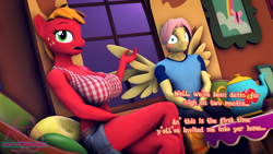 Size: 1920x1080 | Tagged: safe, artist:senthaurekmern, part of a set, big macintosh, fluttershy, earth pony, pegasus, anthro, comic:butterscotch's first time, g4, 3d, abs, belly, belly button, big breasts, blushing, breasts, busty macareina, butterscotch, cleavage, clothes, commission, commissioner:nerothewizard, couch, denim, denim shorts, dialogue, female, fluttershy's cottage, fluttershy's cottage (interior), looking at someone, looking away, looking up, macareina, male, midriff, open mouth, open smile, pants, pillow, rule 63, ship:butterreina, ship:fluttermac, shipping, shirt, shoes, shorts, shrunken pupils, sitting, smiling, source filmmaker, spread wings, straight, t-shirt, teapot, thighs, window, wingboner, wings