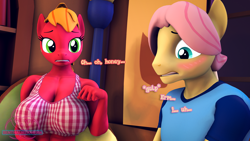 Size: 1920x1080 | Tagged: safe, artist:senthaurekmern, part of a set, big macintosh, fluttershy, earth pony, pegasus, anthro, comic:butterscotch's first time, g4, 3d, abs, big breasts, blushing, book, bookshelf, breasts, busty macareina, butterscotch, cleavage, clothes, commission, commissioner:nerothewizard, couch, dialogue, female, fluttershy's cottage, fluttershy's cottage (interior), food, looking at each other, looking at someone, looking down, macareina, male, midriff, nervous, pillow, rule 63, ship:butterreina, ship:fluttermac, shipping, shirt, sitting, source filmmaker, straight, t-shirt, window