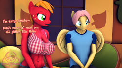 Size: 1920x1080 | Tagged: safe, artist:senthaurekmern, part of a set, big macintosh, fluttershy, earth pony, pegasus, anthro, comic:butterscotch's first time, g4, 3d, abs, belly, belly button, big breasts, blushing, breasts, busty macareina, butterscotch, cleavage, clothes, commission, commissioner:nerothewizard, couch, denim, denim shorts, dialogue, female, fluttershy's cottage, fluttershy's cottage (interior), looking at someone, macareina, male, midriff, open mouth, pants, pillow, rule 63, ship:butterreina, ship:fluttermac, shipping, shirt, shorts, sitting, smiling, source filmmaker, straight, t-shirt, window