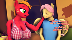 Size: 1920x1080 | Tagged: safe, artist:senthaurekmern, part of a set, big macintosh, fluttershy, earth pony, pegasus, anthro, comic:butterscotch's first time, g4, 3d, big breasts, breasts, busty macareina, butterscotch, cleavage, clothes, commission, commissioner:nerothewizard, couch, dialogue, eyes closed, female, fluttershy's cottage, fluttershy's cottage (interior), hand on face, lidded eyes, looking at each other, looking at someone, macareina, male, open mouth, open smile, pillow, rule 63, ship:butterreina, ship:fluttermac, shipping, shirt, sitting, smiling, source filmmaker, straight, t-shirt, window