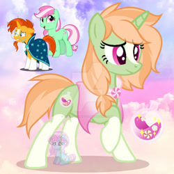 Size: 1280x1280 | Tagged: safe, artist:shiee-artopia223, minty, sunburst, oc, oc:peppermint potion, pony, unicorn, pony town, g4, blaze (coat marking), blonde, candy, cape, clothes, coat markings, facial markings, food, fusion, fusion:minty, fusion:sunburst, green coat, peppermint, socks (coat markings), solo, watermark