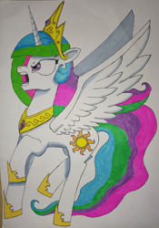 Size: 2748x3926 | Tagged: safe, artist:aking, princess celestia, alicorn, pony, g4, angry, high res, open mouth, simple background, solo, spread wings, traditional art, white background, wings