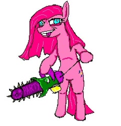 Size: 464x481 | Tagged: safe, artist:damset, gummy, pinkie pie, earth pony, pony, g4, 1000 hours in ms paint, bipedal, chainsaw, female, mare, ms paint, pinkamena diane pie, simple background, solo, tongue out, white background
