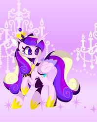 Size: 677x850 | Tagged: safe, artist:stacy_165cut, princess cadance, alicorn, pony, g4, female, folded wings, horn, jewelry, mare, pink background, regalia, simple background, solo, spread wings, wings