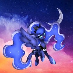 Size: 1080x1080 | Tagged: safe, artist:stacy_165cut, princess luna, alicorn, pony, g4, crescent moon, female, horn, jewelry, mare, moon, night, night sky, open mouth, regalia, sky, solo, spread wings, wings