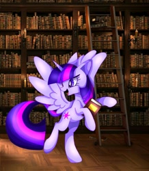 Size: 1080x1236 | Tagged: safe, artist:stacy_165cut, twilight sparkle, alicorn, pony, book, bookshelf, female, hoof hold, hooves, horn, ladder, looking back, mare, open mouth, open smile, smiling, solo, spread wings, standing, standing on one leg, tail, twilight sparkle (alicorn), wings