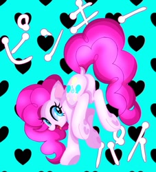 Size: 726x800 | Tagged: safe, artist:stacy_165cut, pinkie pie, earth pony, pony, blue background, butt, dock, female, heart, heart background, japanese, looking at you, looking back, looking back at you, mare, open mouth, plot, raised hoof, raised leg, simple background, solo, tail, tongue out, underhoof