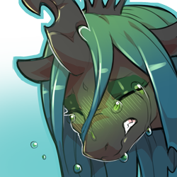 Size: 1159x1159 | Tagged: safe, artist:cold-blooded-twilight, queen chrysalis, changeling, changeling queen, g4, blushing, crying, fangs, female, green blush, simple background, solo, transparent background