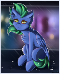 Size: 1860x2277 | Tagged: safe, artist:yuris, oc, oc only, oc:siren rain, pegasus, pony, abstract background, cheek fluff, chest fluff, cute, ear fluff, eyelashes, feathered wings, female, folded wings, green eyes, green mane, mare, pegasus oc, sitting, solo, wings