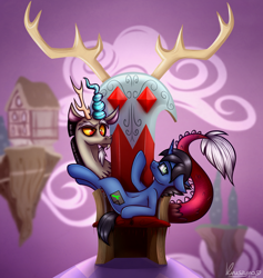 Size: 2946x3112 | Tagged: safe, artist:kruszynka25, discord, oc, oc:digital wrench, pony, unicorn, g4, chaos, commission, discorded landscape, floating island, high res, looking at you, smiling, surprised, throne, ych result