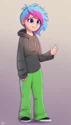 Size: 550x970 | Tagged: safe, artist:luminousdazzle, derpibooru exclusive, luminous dazzle, human, blue eyes, clothes, female, hoodie, humanized, humanized oc, not zipp storm, short hair, simple background, smiling, solo, standing, waving