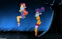Size: 1123x711 | Tagged: safe, artist:robukun, sci-twi, sunset shimmer, twilight sparkle, human, equestria girls, g4, bondage, bound and gagged, cloth gag, clothes, clothes swap, crossover, daphne blake, gag, help us, hopping, over the nose gag, rope, rope bondage, scooby-doo!, shoes, socks, tied up, velma dinkley