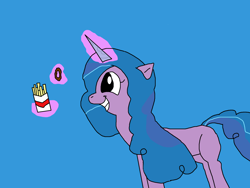 Size: 2000x1500 | Tagged: safe, artist:blazewing, izzy moonbow, pony, unicorn, g5, colored background, drawpile, female, food, french fries, magic, mare, onion ring, smiling, solo, telekinesis