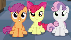 Size: 1920x1080 | Tagged: safe, screencap, apple bloom, scootaloo, sweetie belle, earth pony, pegasus, pony, unicorn, g4, on your marks, season 6, 1080p, adorabloom, cute, cutealoo, cutie mark crusaders, cutie mark cuties, daaaaaaaaaaaw, diasweetes, female, filly, foal, happy, looking up, sitting, smiling, too cute, trio, trio female
