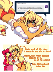 Size: 1476x1980 | Tagged: safe, artist:tolsticot, apple bloom, applejack, earth pony, anthro, g4, applebutt, ass, butt, cellphone, clothes, female, implied bloomjack, implied incest, panties, phone, pouting, siblings, sisters, smartphone, text, underwear