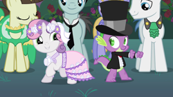 Size: 1280x720 | Tagged: safe, screencap, bruce mane, cloud kicker, fine line, maxie, orion, shooting star (character), spike, sweetie belle, dragon, pony, unicorn, a canterlot wedding, g4, season 2, clothes, cute, dancing, diasweetes, dress, female, filly, foal, happy, male, shipping fuel, stallion