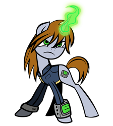 Size: 1350x1507 | Tagged: artist needed, safe, artist:icicle-wicicle-1517, color edit, edit, oc, oc only, oc:littlepip, pony, unicorn, fallout equestria, clothes, collaboration, colored, fanfic, fanfic art, female, glowing, glowing horn, hooves, horn, jumpsuit, magic, mare, pipbuck, simple background, solo, transparent background, vault suit