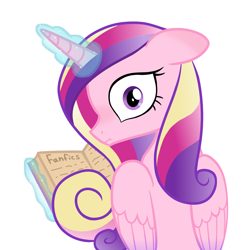 Size: 2000x2000 | Tagged: safe, artist:candy meow, princess cadance, alicorn, pony, atg 2022, blushing, book, fanfic, female, high res, mare, newbie artist training grounds, scared, simple background, solo, white background