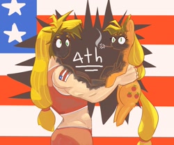Size: 2587x2160 | Tagged: safe, artist:applephil, applejack, earth pony, human, pony, american flag, applejacked, duo, female, fireworks, hatless, high res, holding a pony, human ponidox, humanized, mare, missing accessory, mouth hold, muscles, muscular female, self paradox, self ponidox, silly, silly pony, singed, smoke, sparkler (firework), tattoo