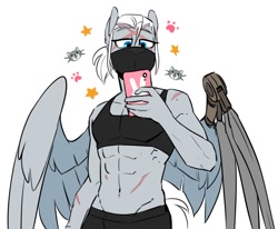 Size: 969x797 | Tagged: safe, artist:redxbacon, oc, oc:single strike, pegasus, anthro, abs, artificial wings, augmented, female, mare, mask, mechanical wing, phone, prosthetics, scar, selfie, simple background, solo, white background, wings