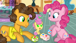 Size: 1280x720 | Tagged: safe, artist:mlplary6, cheese sandwich, li'l cheese, pinkie pie, earth pony, pony, g4, the last problem, baby, daddy cheese sandwich, family, father and child, father and daughter, female, filly, foal, husband and wife, lying down, male, mama pinkie, mare, mother and child, mother and daughter, ship:cheesepie, shipping, sitting, smiling, stallion, straight, toy