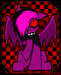 Size: 1251x1533 | Tagged: safe, artist:xxv4mp_g4z3rxx, oc, oc only, oc:violet valium, bat pony, pony, :<, bat pony oc, behaving like a cat, checkered background, clothes, collar, emo, fangs, hoodie, raised hoof, red eyes, signature, sitting, spiked collar, spread wings, torn clothes, two toned mane, wings