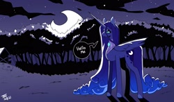 Size: 3167x1862 | Tagged: safe, artist:scarfyace, princess luna, alicorn, pony, g4, alternate design, colored hooves, ear piercing, earring, eyelashes, hair physics, hooves, jewelry, long mane, long tail, mane physics, moon, necklace, night, night sky, piercing, redesign, sky, solo, speech bubble, standing, stars, tail, text, tree