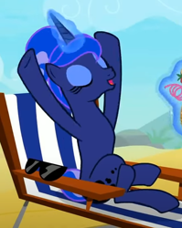Size: 446x560 | Tagged: safe, screencap, princess luna, alicorn, pony, between dark and dawn, g4, beach, beach chair, chair, concave belly, cropped, crossed legs, drink, drinking straw, eyelashes, eyes closed, eyeshadow, glowing horn, hair bun, hooves in air, horn, magic, makeup, open mouth, sitting, slender, solo, stretching, sunglasses, tail, tail bun, telekinesis, thin, wingless