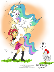 Size: 900x1200 | Tagged: safe, artist:newportmuse, princess celestia, sunset shimmer, alicorn, bird, chicken, human, pony, between dark and dawn, equestria girls, g4, season 9, alektorophobia, cute, holding, png, scared, scaredlestia, simple background, spread wings, sunset shimmer is not amused, that princess sure is afraid of chickens, transparent background, unamused, wings