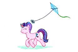 Size: 1200x800 | Tagged: safe, artist:jezendar, starlight glimmer, pony, unicorn, g4, 2018, female, kite, magic, magic aura, mare, simple background, that pony sure does love kites, white background