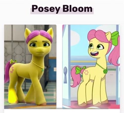 Size: 720x656 | Tagged: safe, edit, edited screencap, screencap, posey bloom, earth pony, pony, g5, mane melody, my little pony: make your mark, my little pony: make your mark chapter 1, my little pony: tell your tale, spoiler:g5, spoiler:my little pony: make your mark, spoiler:my little pony: tell your tale, spoiler:tyts01e05, 2d, 3d, comparison, fandom, female, mare