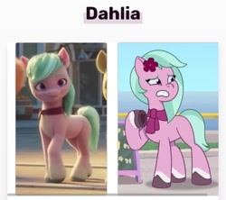 Size: 720x640 | Tagged: safe, edit, edited screencap, screencap, dahlia, earth pony, pony, foal me once, g5, my little pony: a new generation, my little pony: tell your tale, spoiler:g5, spoiler:my little pony: a new generation, spoiler:my little pony: tell your tale, spoiler:tyts01e08, 2d, 3d, comparison, fandom, female, mare