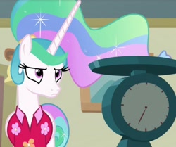 Size: 1737x1453 | Tagged: safe, screencap, princess celestia, alicorn, pony, between dark and dawn, g4, alternate hairstyle, annoyed, bored, celestia is not amused, clothes, female, flowing mane, hawaiian shirt, mare, ponytail, post office, scale, shirt, tail, tail bun, that princess sure does hate the post office, unamused