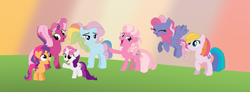 Size: 2053x758 | Tagged: safe, artist:lillianlover2007, artist:selenaede, cheerilee (g3), pinkie pie (g3), rainbow dash (g3), scootaloo (g3), starsong, sweetie belle (g3), toola-roola, earth pony, pegasus, pony, unicorn, g3, g3.5, g4, base used, core seven, eyes closed, g3 to g4, generation leap, looking at you, open mouth, pigtails, ponytail, raised hoof