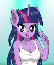 Size: 1645x1970 | Tagged: safe, artist:banquo0, twilight sparkle, anthro, g4, breasts, bust, cleavage, clothes, cute, female, looking at you, open mouth, peace sign, smiling, solo, twiabetes
