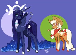 Size: 2165x1587 | Tagged: safe, artist:scarfyace, princess luna, alicorn, pony, g4, alternate design, bow, cowboy hat, ear piercing, earring, ethereal mane, food, hair bow, hair physics, halo, handkerchief, hat, hooves, jewelry, long hair, long mane, long tail, mane physics, necklace, piercing, redesign, starry mane, tail, tail bow, wheat