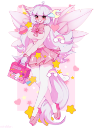 Size: 1698x2305 | Tagged: safe, artist:astralblues, oc, oc only, oc:ophelia, bird, hippogriff, anthro, anthro oc, birb, clothes, cute, heart, nekomellow, pastel, pastel pink, pink, school uniform, solo, stars, wings, yandere
